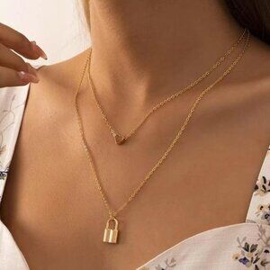18K GOLD MULTI LAYERED HEART LOCK PENDANT NECKLACE, NICE NECKLACE, CUTE NECKLACE